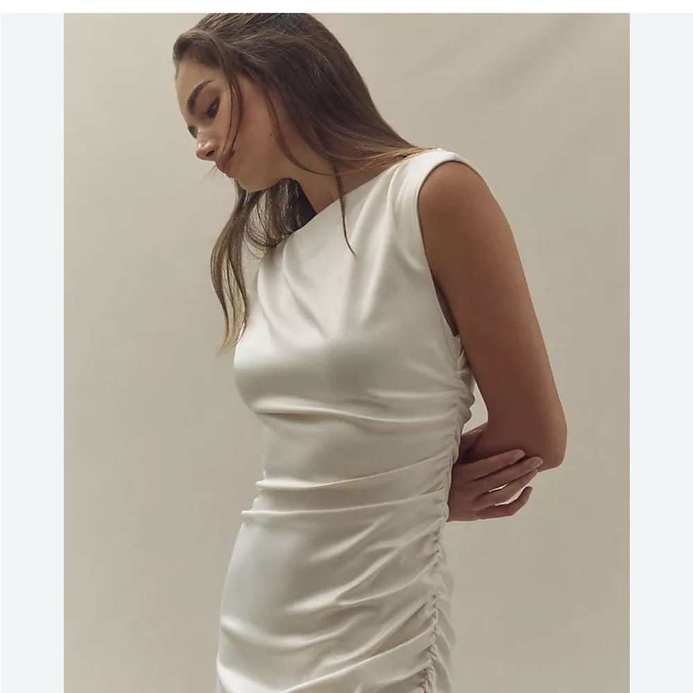 BHLDN Ivory Satin Ruched Midi Dress